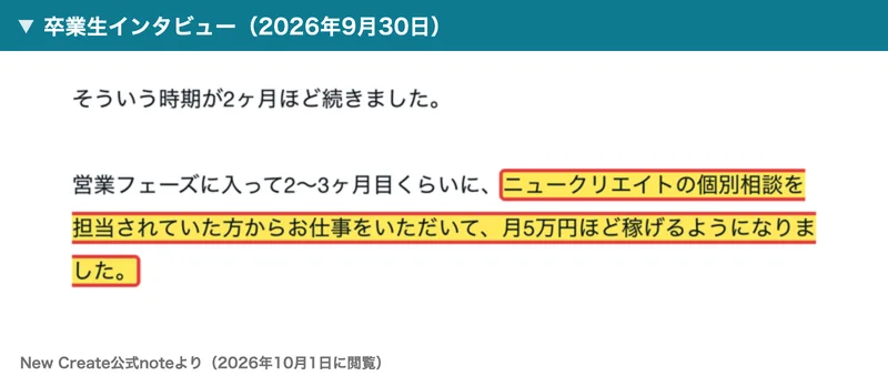New Createの公式noteのインタビュー。営業フェーズに入って2〜3ヶ月目くらいに、ニュークリエイトの個別相談を担当されていた方からお仕事をいただいて、月5万円ほど稼げるようになりましたと書かれている部分