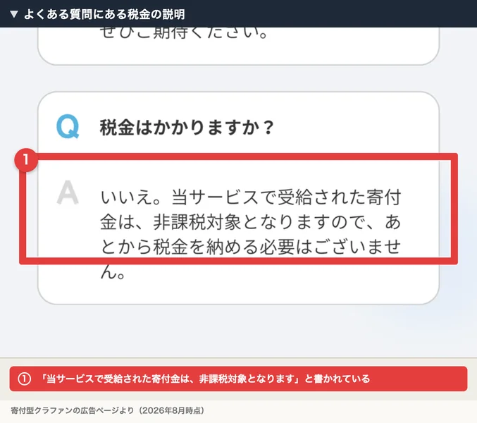 よくある質問に「税金はかかりますか？」「いいえ。当サービスで受給された寄付金は、非課税対象となりますので、あとから税金を納める必要はございません」と書かれた広告ページに赤枠の注釈が付いている