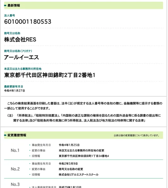 国税庁の法人番号公表サイトの株式会社RESの情報。法人番号6010001180553、所在地は東京都千代田区神田錦町2丁目2番地1、変更履歴に令和2年3月9日の商号変更（旧情報は株式会社リアルエステートスクール）と令和4年1月25日の本店移転がある