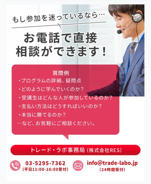株ハックプロの販売ページにある電話相談の案内。もし参加を迷っているなら、お電話で直接相談ができます、質問例として本当に勝てるのか等、トレード・ラボ事務局の電話番号とメールアドレス