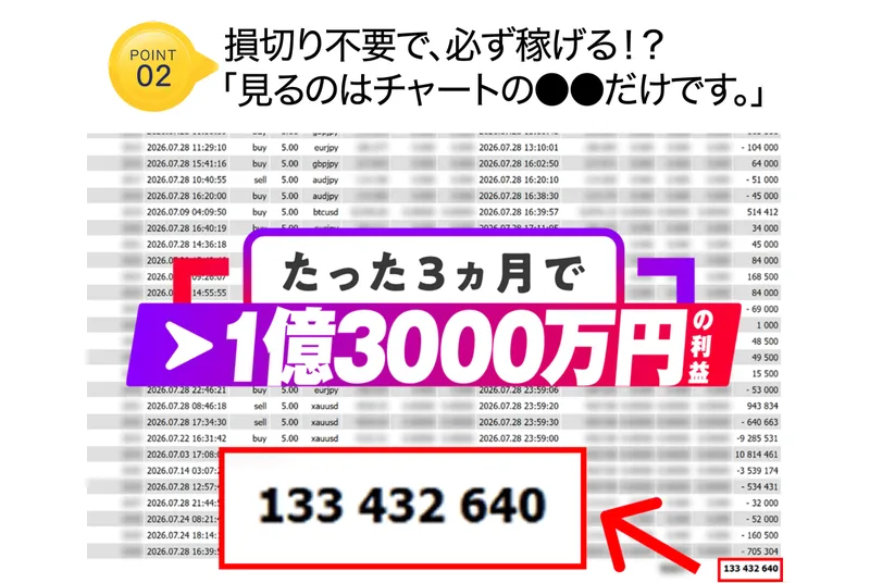 損切り不要で、必ず稼げる!?という見出しと、見るのはチャートの●●だけですという一文、その下にたった3ヵ月で1億3000万円の利益と赤枠で示された取引履歴が並んでいる広告ページ