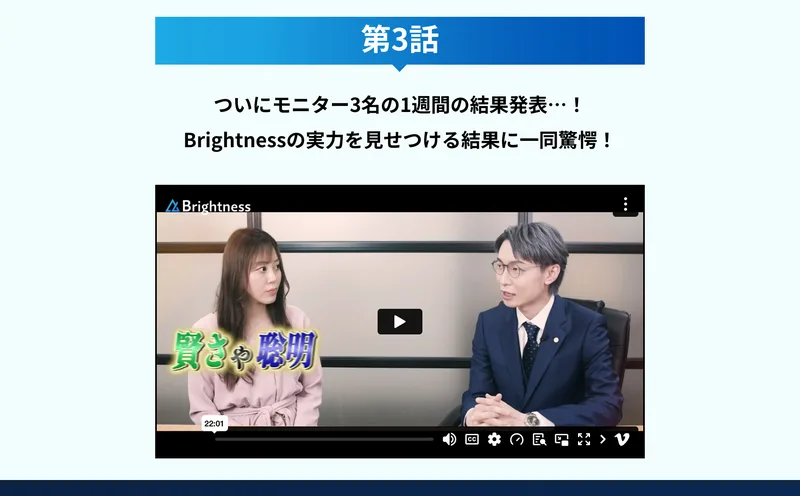 「第3話 ついにモニター3名の1週間の結果発表…！Brightnessの実力を見せつける結果に一同驚愕！」と書かれた動画ページ