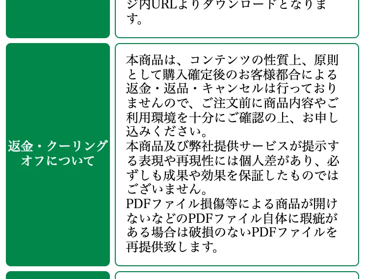 本商品はコンテンツの性質上、原則として購入確定後のお客様都合による返金・返品・キャンセルは行っておりませんと記載された特定商取引法の返金・クーリングオフについての項目