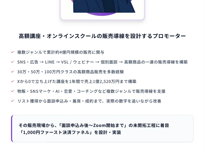 複数ジャンルで累計約4億円規模の販売に関与、30万・50万・100万円クラスの高額商品販売を多数経験、Xから0で立ち上げた講座を1年間で売上1億2,520万円まで構築 と並んだ黒瀬こはくの経歴
