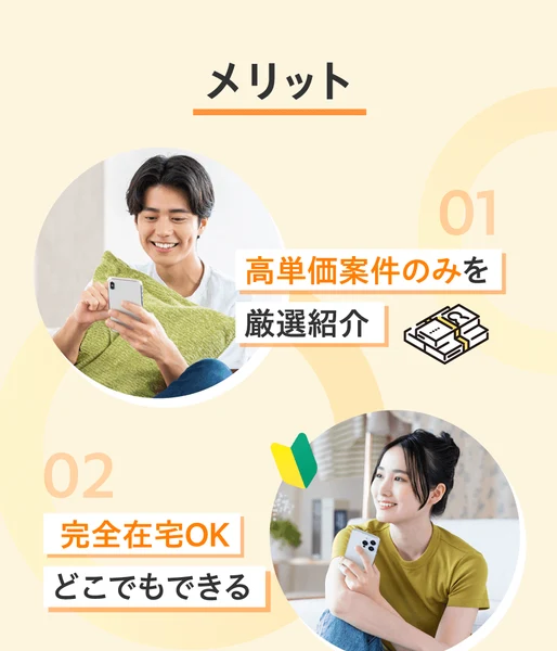 メリットという見出しの下に、01高単価の仕事のみを厳選紹介、02完全在宅OKどこでもできる、03即日スタートも可能（登録当日に届くことも）、04LINEに届くからカンタン&わかりやすいという4項目が写真つきで並ぶ広告の一部