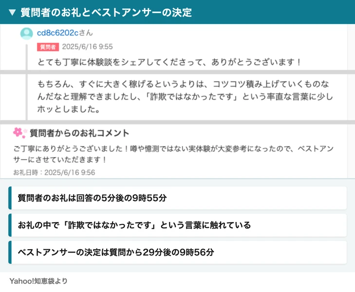 質問者のお礼コメント。9時55分に、詐欺ではなかったですという率直な言葉に少しホッとしましたと書き、9時56分にベストアンサーに選んでいる