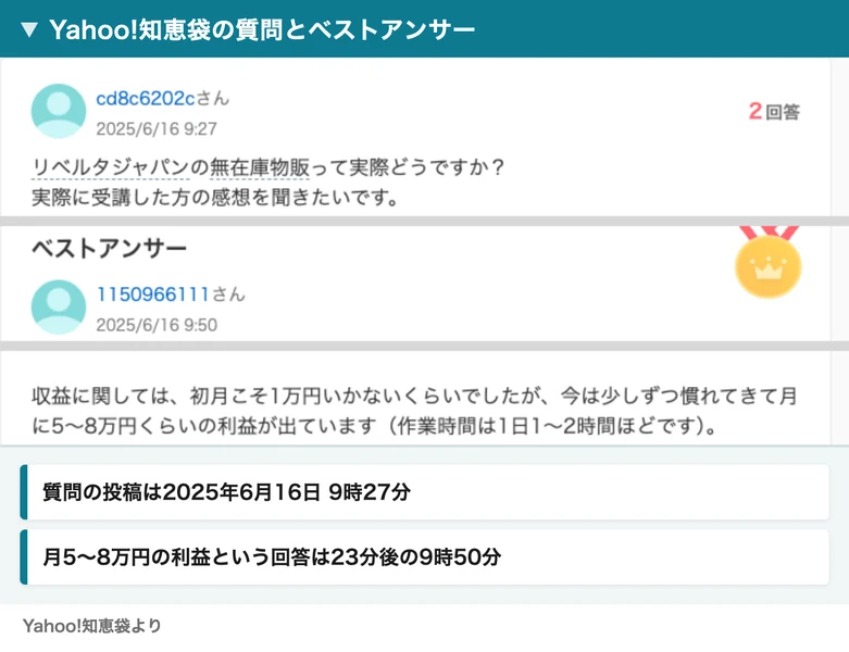 Yahoo!知恵袋の質問とベストアンサー。質問は2025年6月16日9時27分、ベストアンサーは9時50分で、初月は1万円いかないくらいだったが今は月に5〜8万円くらいの利益が出ていると書かれている