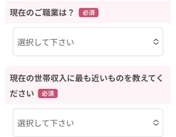 アンケートの入力欄。現在のご職業は？と現在の世帯収入に最も近いものを教えてくださいのどちらにも必須と付いている