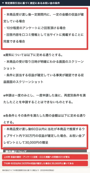 特定商取引法の表記のお祝い金の条件。収益の確定、10分程度のアンケート、回答内容を口コミ情報として掲載することへの同意の3つが並び、60日以内に30万円の収益が確定した場合に30,000円と書かれている