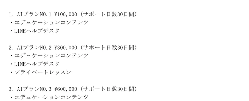 利用規約の料金プラン。AIプランNo.1が10万円でサポート30日、No.2が30万円で30日、No.3が60万円で30日と、内容一覧つきで並んでいる