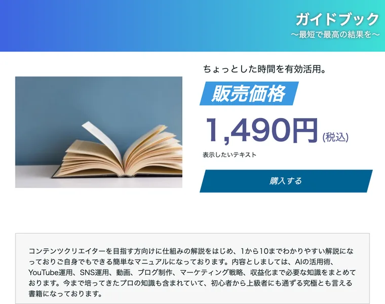 「ガイドブック 〜最短で最高の結果を〜」という見出しと本の写真、販売価格1,490円（税込）と購入するボタンが並ぶ株式会社ライフの電子書籍販売ページ