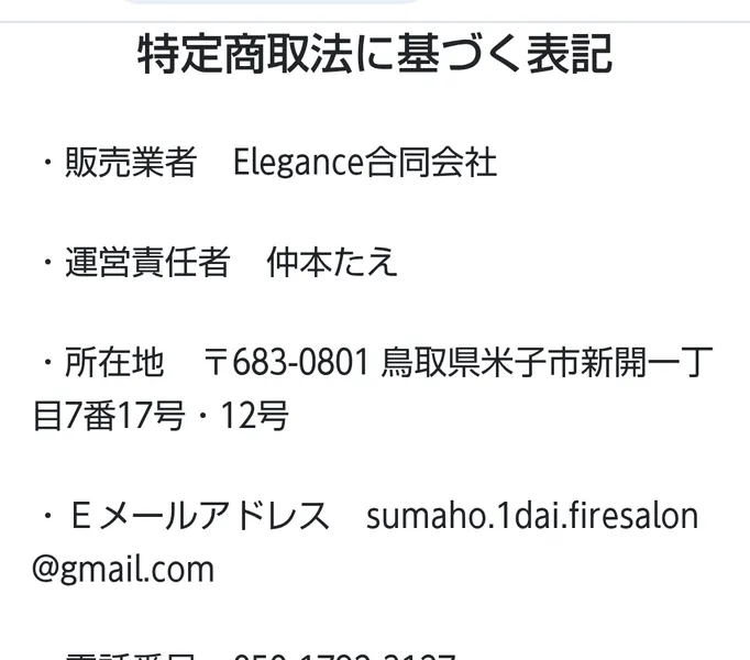 FINAL PROJECTの特定商取引法に基づく表記に掲載されたElegance合同会社と仲本たえ