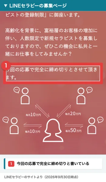 LINEセラピーの募集ページ。高齢化を背景に富裕層のお客様の増加に伴い人数限定で新規セラピストを募集しておりますので、ぜひこの機会に、の下に、今回の応募で完全に締め切りとさせて頂きますと書かれている