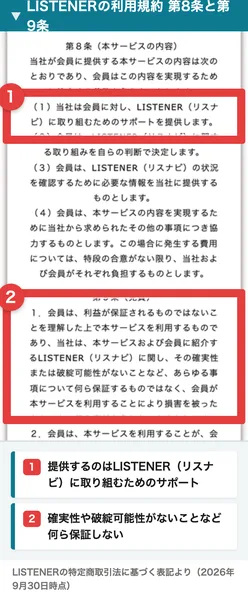 LISTENERの利用規約の第8条と第9条。第8条の1に当社は会員に対しLISTENER（リスナビ）に取り組むためのサポートを提供します、第9条の1に会員に紹介するLISTENER（リスナビ）に関しその確実性または破綻可能性がないことなどあらゆる事項について何ら保証するものではないと書かれている