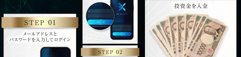 STEP01 メールアドレスとパスワードを入力してログイン、STEP02 投資金を入金と書かれ、札束の写真とスマートフォンの画面が並ぶEX-MAKERの広告