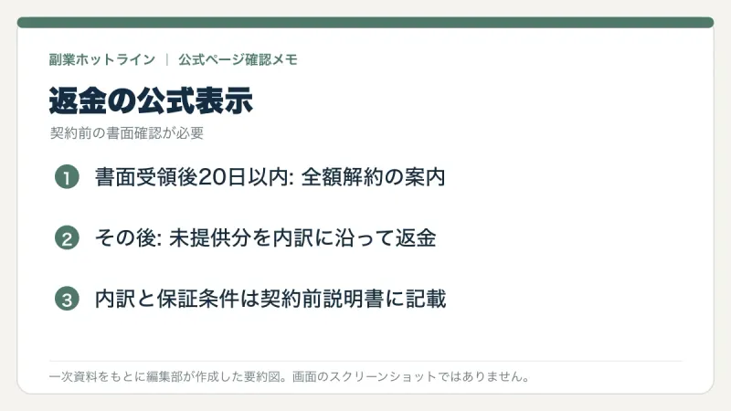AIコース公式ページの返金案内を整理した編集部作成図。20日以内と経過後