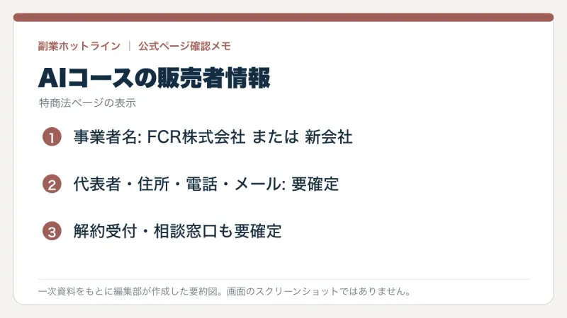 AIコース専用の特商法ページで未確定の欄を整理した編集部作成図