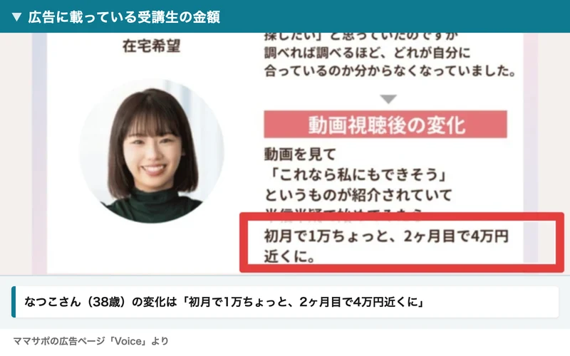 なつこさん38歳の動画視聴後の変化として、初月で1万ちょっと、2ヶ月目で4万円近くにと書かれているママサポの広告画面。赤枠と注釈が焼き込まれている