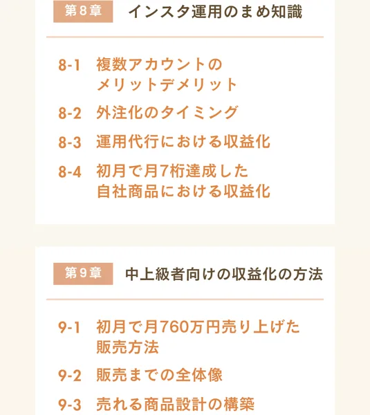 第8章インスタ運用のまめ知識と第9章中上級者向けの収益化の方法として、複数アカウントのメリットデメリット、外注化のタイミング、初月で月760万円売り上げた販売方法などの項目が並ぶ目次