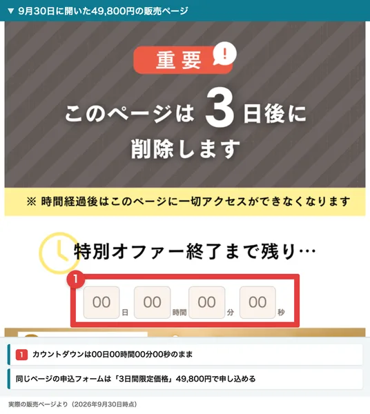 重要、このページは3日後に削除しますという文の下で、特別オファー終了まで残りのカウントダウンが00日00時間00分00秒になっている販売ページ