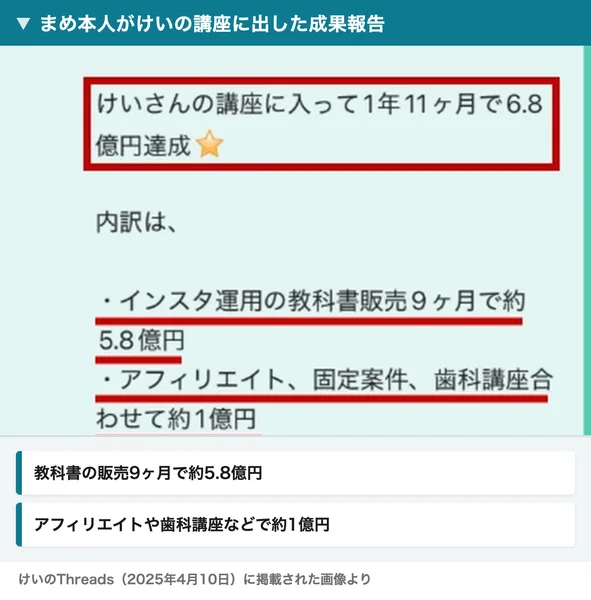 けいさんの講座に入って1年11ヶ月で6.8億円達成、内訳はインスタ運用の教科書販売9ヶ月で約5.8億円、アフィリエイトや歯科講座などで約1億円と書かれたまめ本人の成果報告