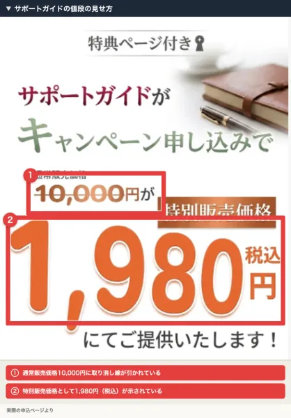 サポートガイドの案内。通常販売価格10,000円に取り消し線が引かれ、特別販売価格1,980円(税込)と大きく表示されている