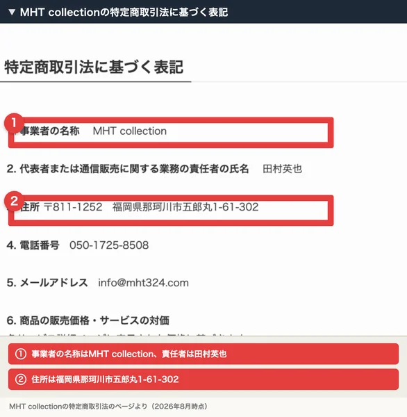 「特定商取引法に基づく表記」として事業者の名称 MHT collection、責任者の氏名 田村英也、住所 〒811-1252 福岡県那珂川市五郎丸1-61-302、電話番号 050-1725-8508が並ぶページに赤枠の注釈が付いている