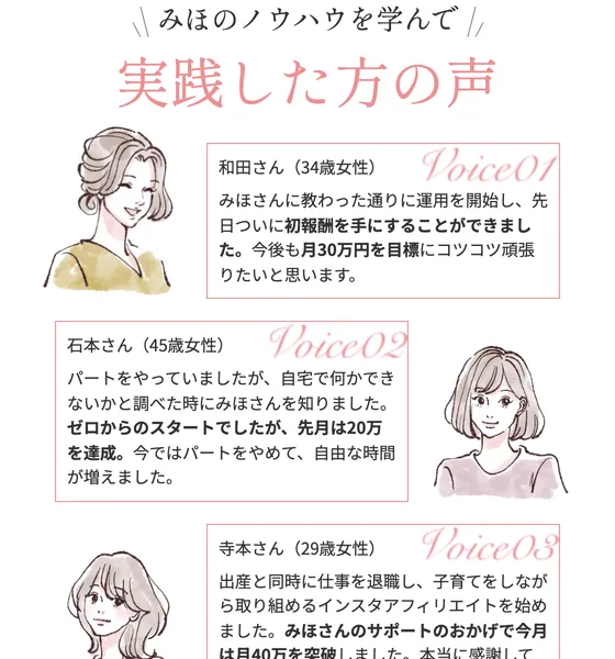 実践した方の声として、和田さん34歳女性、石本さん45歳女性、寺本さん29歳女性の体験談が並んだ広告ページ