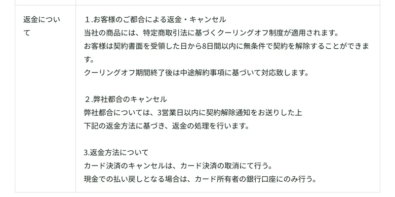 返金についての欄に、契約書面を受領した日から8日間以内に無条件で契約を解除することができます、クーリングオフ期間終了後は中途解約事項に基づいて対応致しますと書かれている