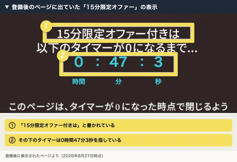 15分限定オファー付きは以下のタイマーが0になるまでという文の下に、0時間47分3秒のカウントダウンが表示されている