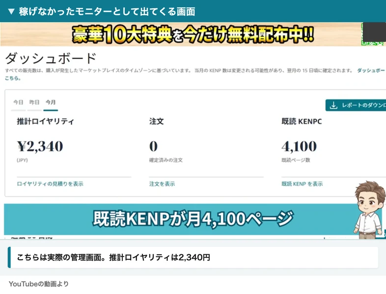 稼げなかったモニターとして出てくるAmazonの管理画面。推計ロイヤリティ2,340円、注文0と表示されている