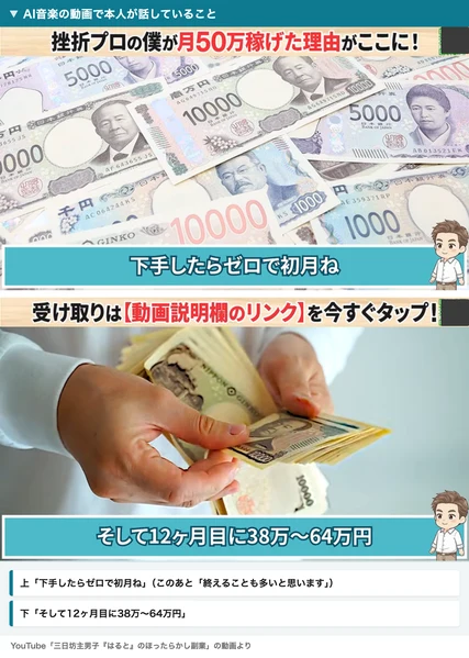 AI音楽の動画のテロップ。下手したらゼロで初月ね、そして12ヶ月目に38万〜64万円と出ている