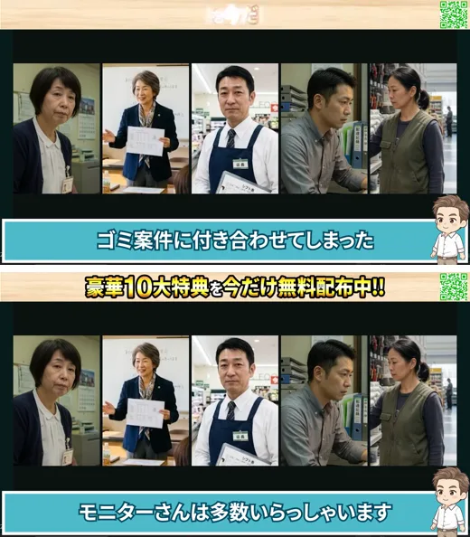 うまくいかなかった副業に付き合わせてしまったモニターは多数いる、という字幕の場面を上下に並べた三日坊主男子はるとの動画
