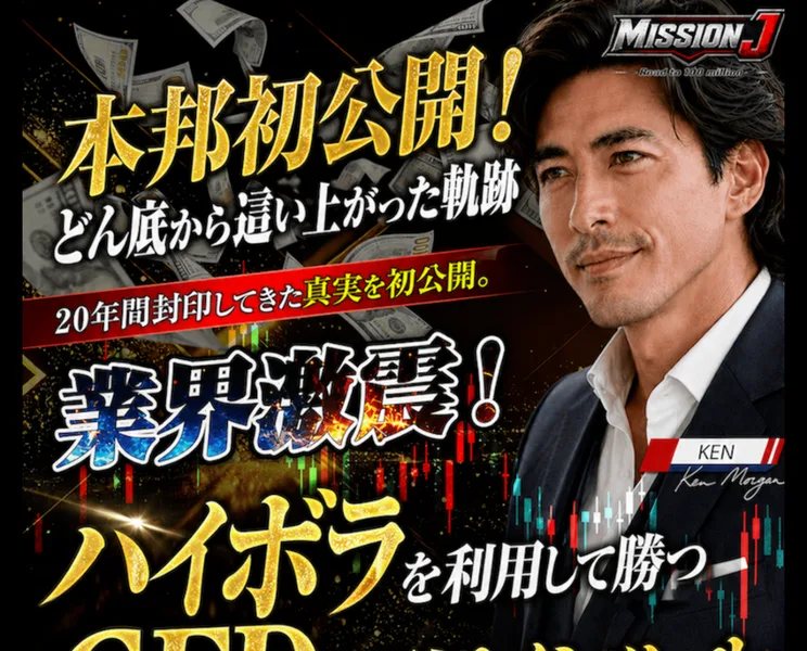 「本邦初公開！どん底から這い上がった軌跡」「20年間封印してきた真実を初公開。」「業界激震！ハイボラを利用して勝つCFD取引サインツール」と書かれた広告ページの冒頭