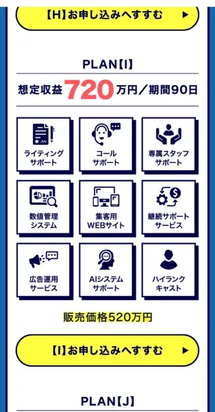 PLAN【I】想定収益720万円／期間90日、ハイランクキャストを含む9つのアイコン、販売価格520万円という表示があるページ