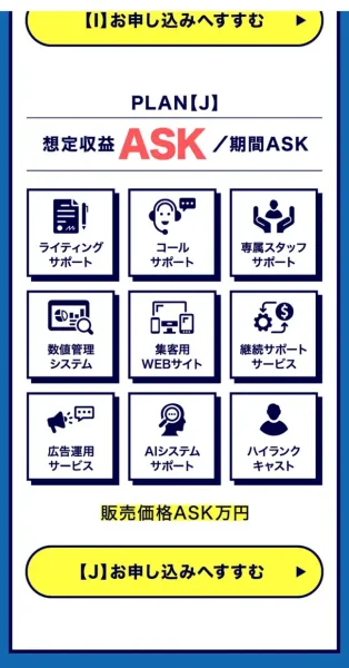PLAN【J】想定収益ASK／期間ASK、9つのサポートアイコン、販売価格ASK万円という表示があるページ