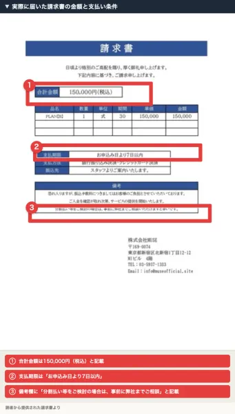 請求書と書かれた文書。合計金額150,000円（税込）、品名PLAN【B】期間30、支払期限はお申込み日より7日以内、備考欄に分割払いの相談についての記載があり、下部に株式会社MUSEの住所と電話番号が入っている