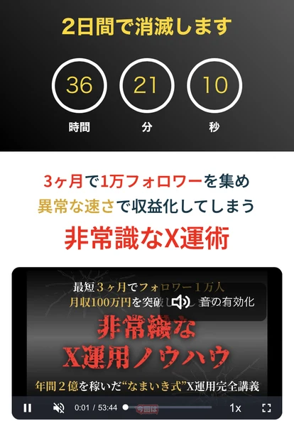 2日間で消滅しますという見出しと36時間21分10秒のカウントダウン、3ヶ月で1万フォロワーを集め異常な速さで収益化してしまう非常識なX運術という文が並ぶ講座ページ
