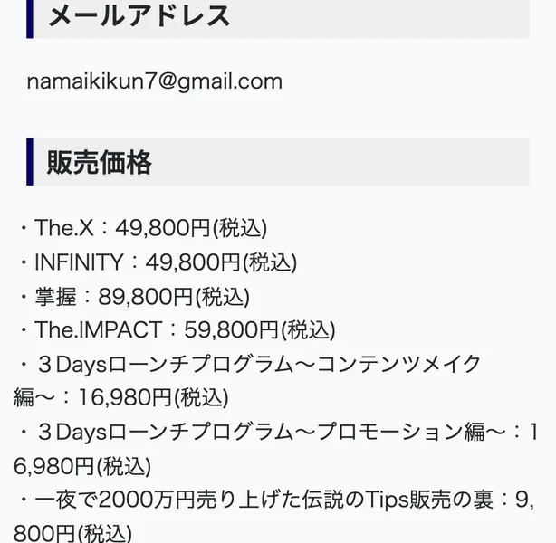 販売価格としてThe.X49,800円、INFINITY49,800円、掌握89,800円、The.IMPACT59,800円、3Daysプログラム16,980円などが並ぶ特定商取引法のページ