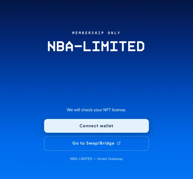 NBAの管理ページの入り口。Membership only、NBA-LIMITED、We will check your NFT license、Connect walletのボタンが並んでいる