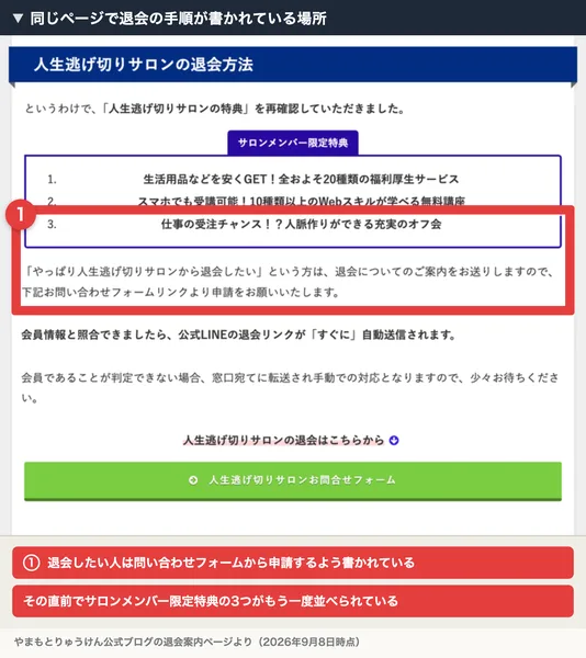人生逃げ切りサロンの退会方法という見出しの下に、サロンメンバー限定特典の3つがもう一度並べられ、その下に問い合わせフォームへのボタンが置かれている。番号付きの赤枠と注釈が焼き込まれている