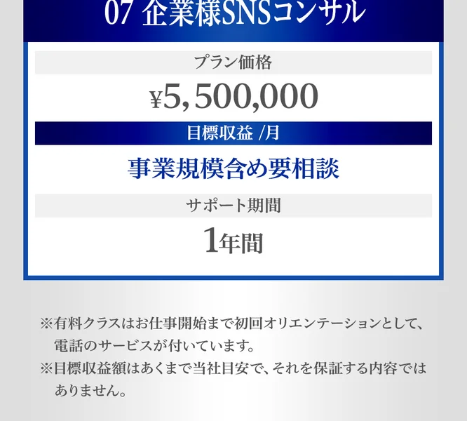 合同会社NOVALEXのプラン案内ページの末尾。企業様SNSコンサルは¥5,500,000、その下に目標収益額はあくまで当社目安で、それを保証する内容ではありませんと注記されている