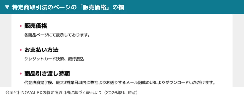 合同会社NOVALEXの特定商取引法に基づく表示。販売価格の欄には各商品ページにて表示しておりますとだけ書かれ、お支払い方法はクレジットカード決済と銀行振込となっている