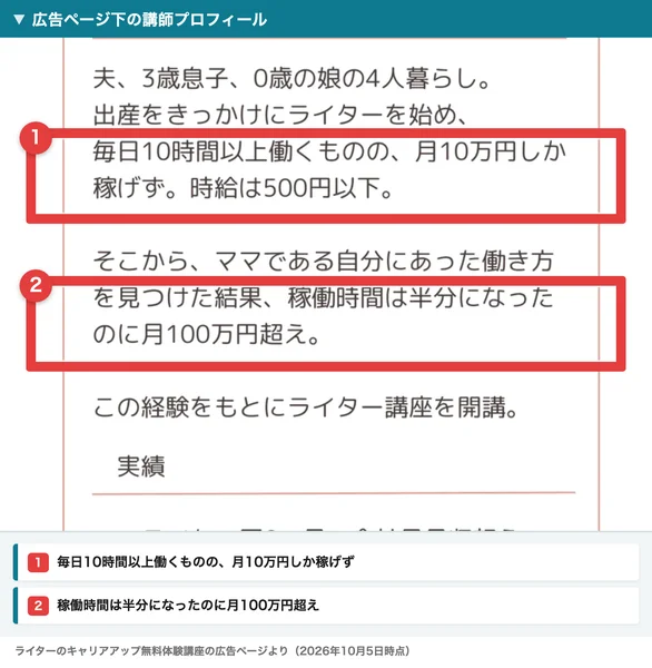 講師プロフィールの自己紹介。毎日10時間以上働くものの月10万円しか稼げず、時給は500円以下、ママである自分にあった働き方を見つけた結果、稼働時間は半分になったのに月100万円超えと書かれている
