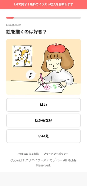 Question 01、絵を描くのは好き？という設問と、はい、わからない、いいえの3つの回答ボタンが並ぶ診断画面