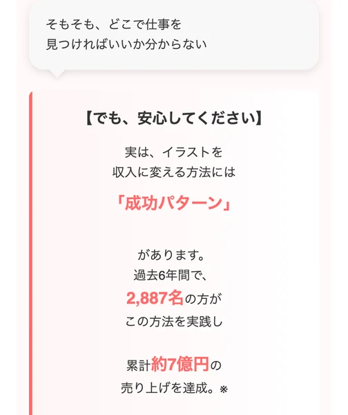 でも安心してください、実はイラストを収入に変える方法には成功パターンがあります、過去6年間で2,887名の方がこの方法を実践し累計約7億円の売り上げを達成という文が並ぶ診断結果ページ