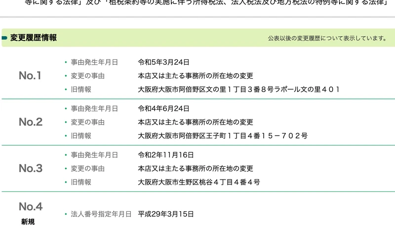 国税庁の変更履歴情報。令和5年3月24日、令和4年6月24日、令和2年11月16日の本店所在地の変更と、平成29年3月15日の法人番号指定年月日が並ぶ画面