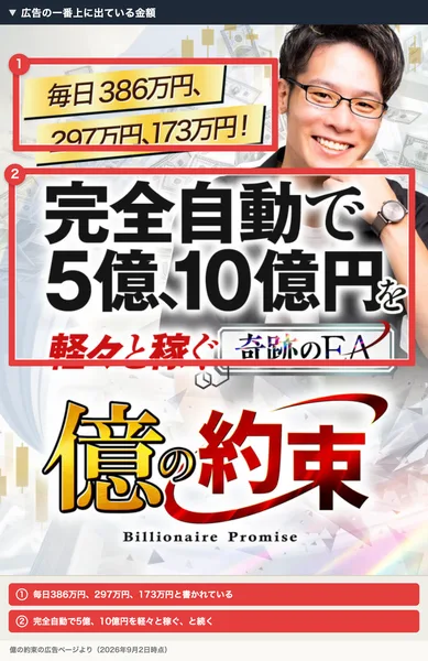 億の約束の広告ページの最上部。毎日386万円、297万円、173万円と黄色い帯で書かれ、その下に完全自動で5億、10億円を軽々と稼ぐ奇跡のEA、億の約束と大きく表示されている