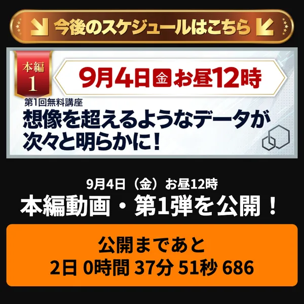億の約束の広告ページ。9月4日（金）お昼12時、本編動画・第1弾を公開！という文字の下に、オレンジ色の帯で公開まであと2日0時間38分と秒までのカウントダウンが表示されている