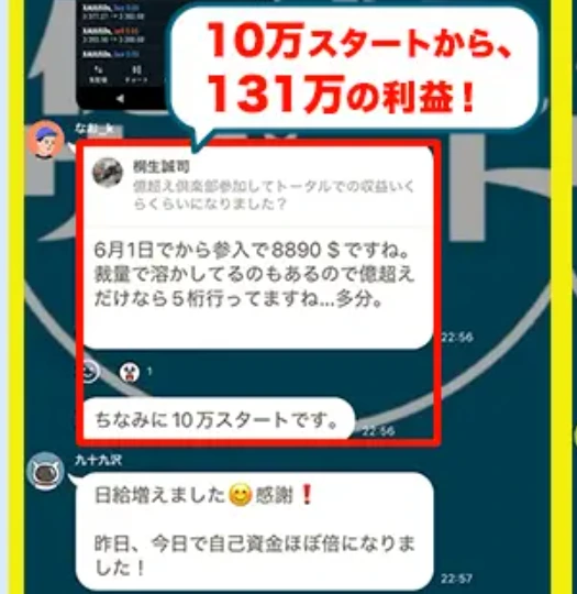 10万スタートから131万の利益という吹き出しの下で、桐生誠司の質問に対し6月1日から参入で8890ドル、裁量で溶かしてるのもあるので億超えだけなら5桁行ってますね多分、ちなみに10万スタートですと答えているLINEのやり取り
